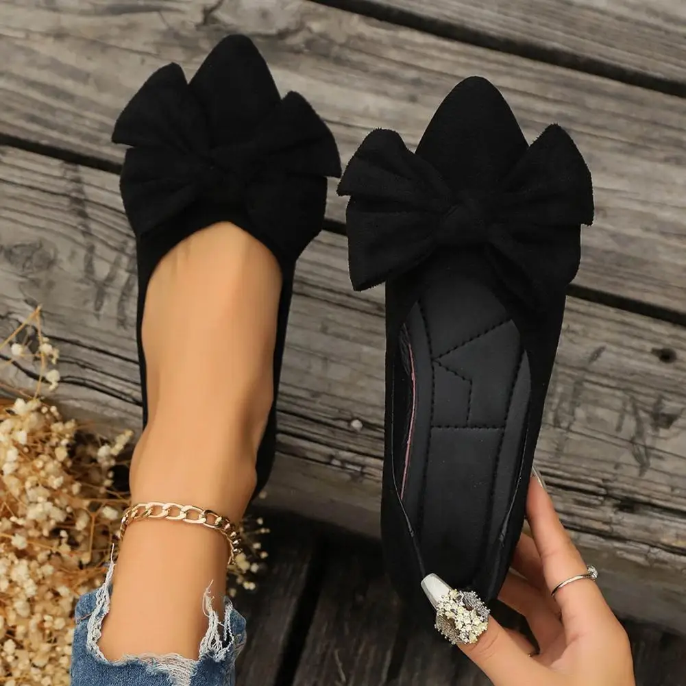 Non-slip Rubber Sole Flats Elegant Pointed Toe Flats for Women Stylish Slip-on Dress Shoes with Bow Detail Comfortable for Work