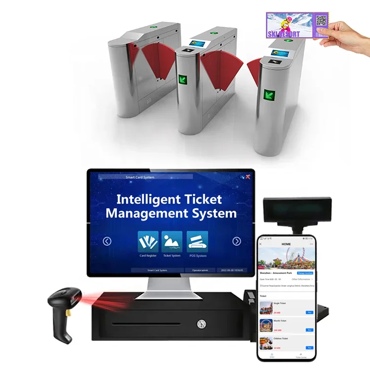 Integrate other software entrance Access control tickets check by lcd speaker function qr code flap barrier in Ski Resort