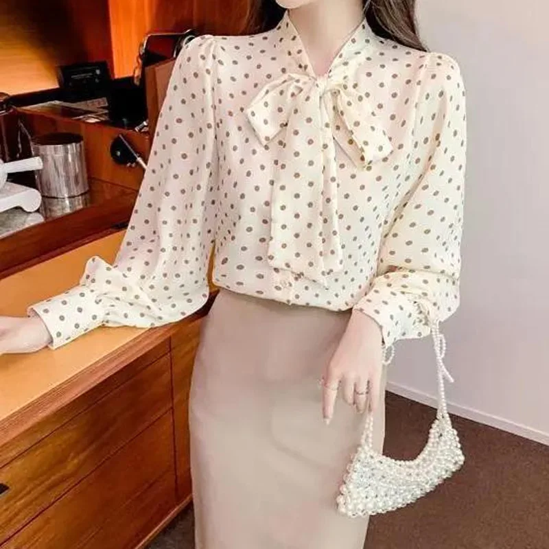 Polka Dot Patchwork Bow Blouse Spring New Long Sleeve Chiffon Printing Loose Elegant Shirt Tops Fashion Vintage Women Clothing