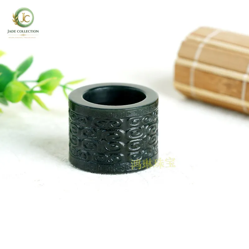 Natural Hetian jade finger wrench paper pattern engraving men's jade ring finished thumb ring real jade play piece