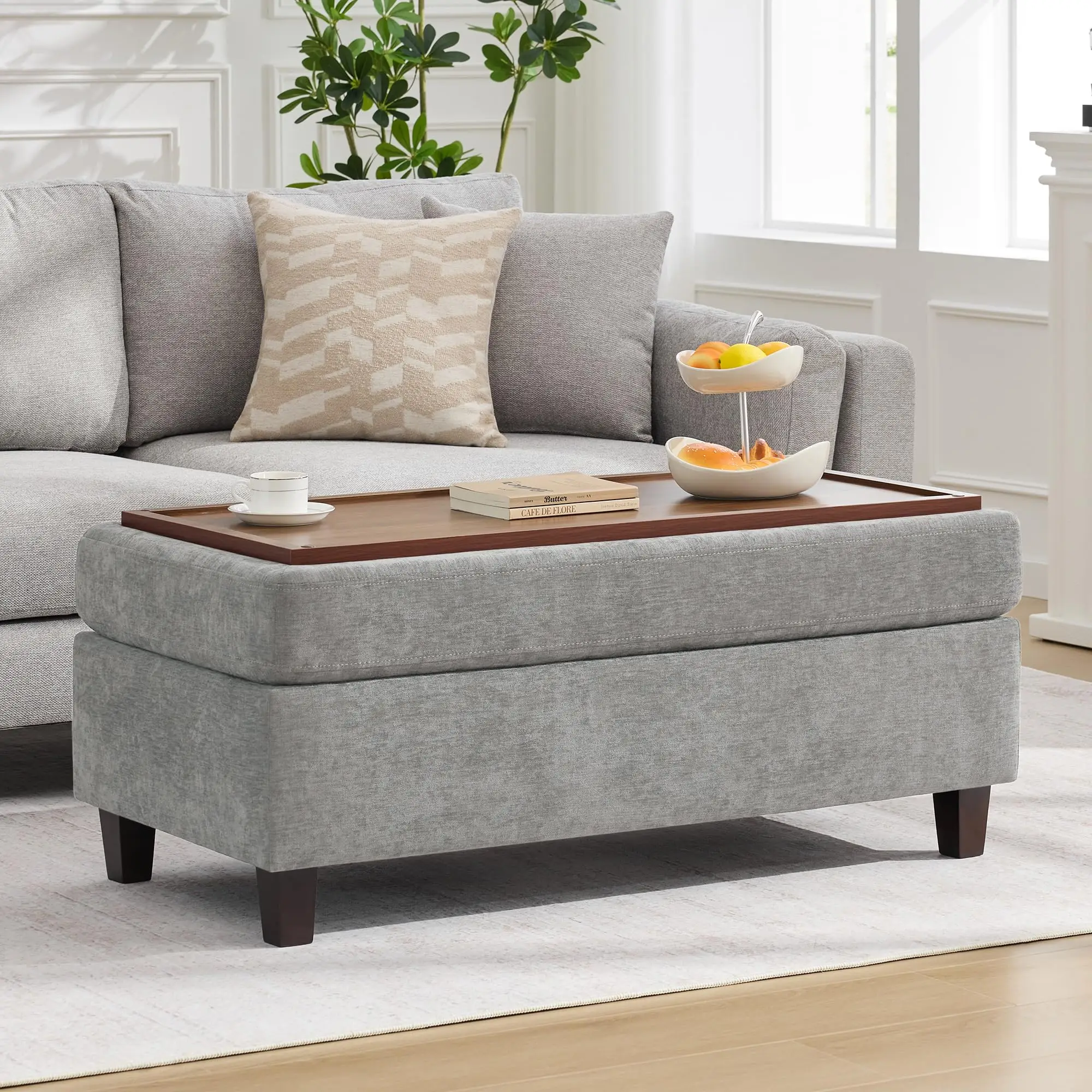 45 Inch Large Storage Ottoman Bench with Wooden Tray Coffee Table, Khaki Chenille Upholstered Foot Rest