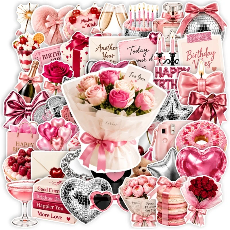 10/30/50PCS Cute Pink Color Rose Birthday Sticker Aesthetic DIY Hand Accounting Decoration Scrapbooking Stationery Supplies