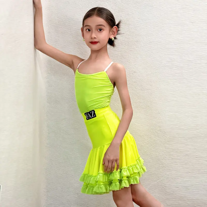 

2026 Children Latin Dance Performance Outfits For Girls Green Sling Tops Split Skirts Ballroom Latin Performance Clothes XH4906