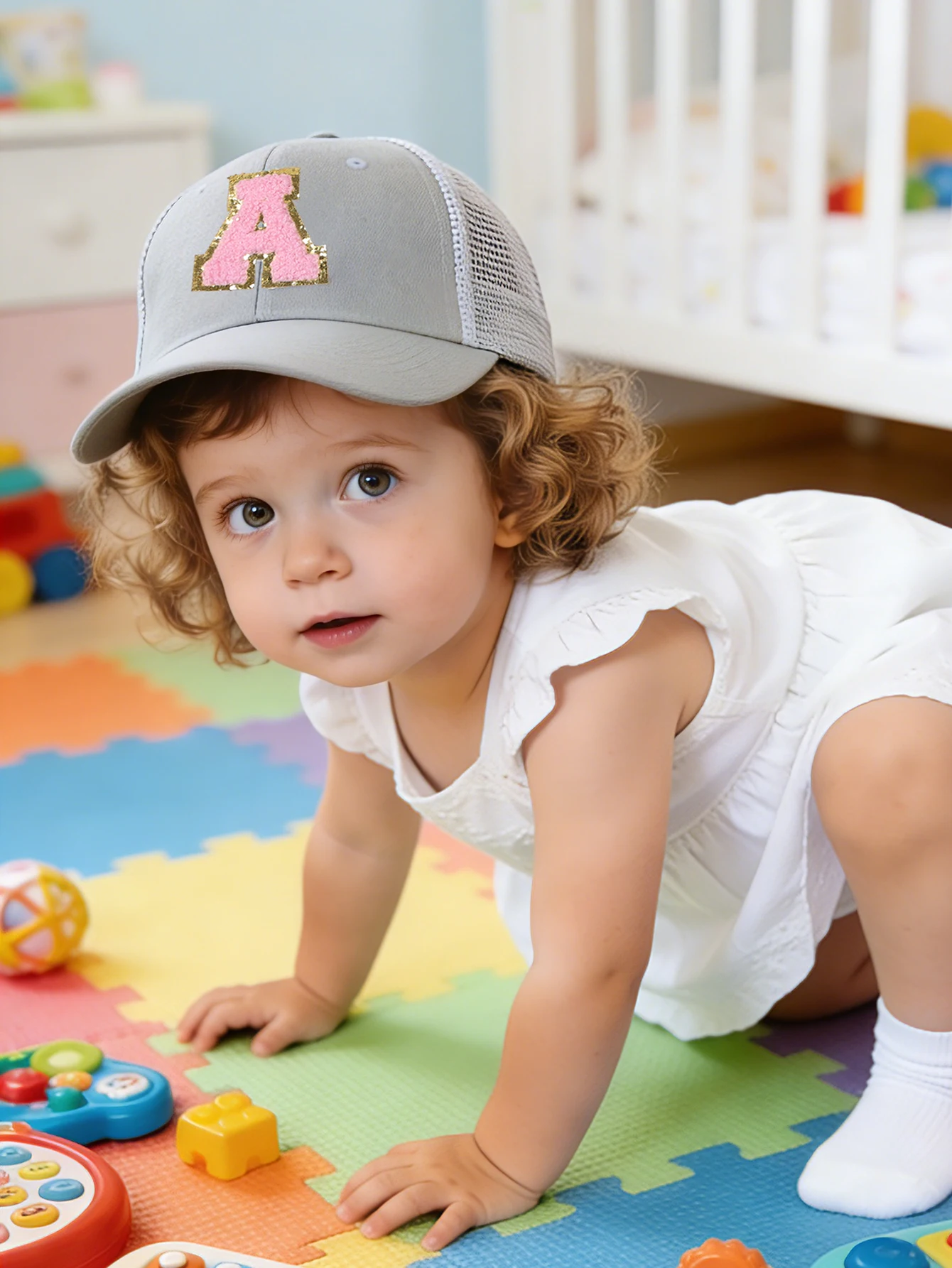 1pc Child's Grey 26 Letter Print Mesh Cap, Baby Unisex Baseball Sunvisor Hat, Suitable For Outdoor Activities And Daily Wear, Su view 4