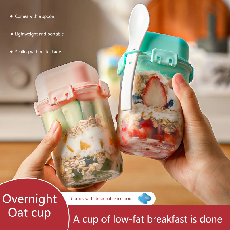 1Pcs Portable Bilayer Salad Cup Breakfast Plastic Cup With Spoon Detachable Ice Box Preservation For Storing Milk Fruits Oatmeal