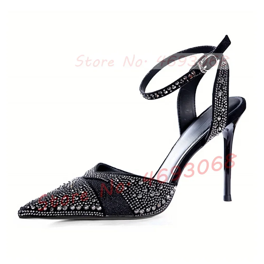 

Black Hollow Rhinestone Pointy Sandals Women Stylish Party Bling White Heels Ladies Summer Wedding Ankle Strap Splicing Shoes