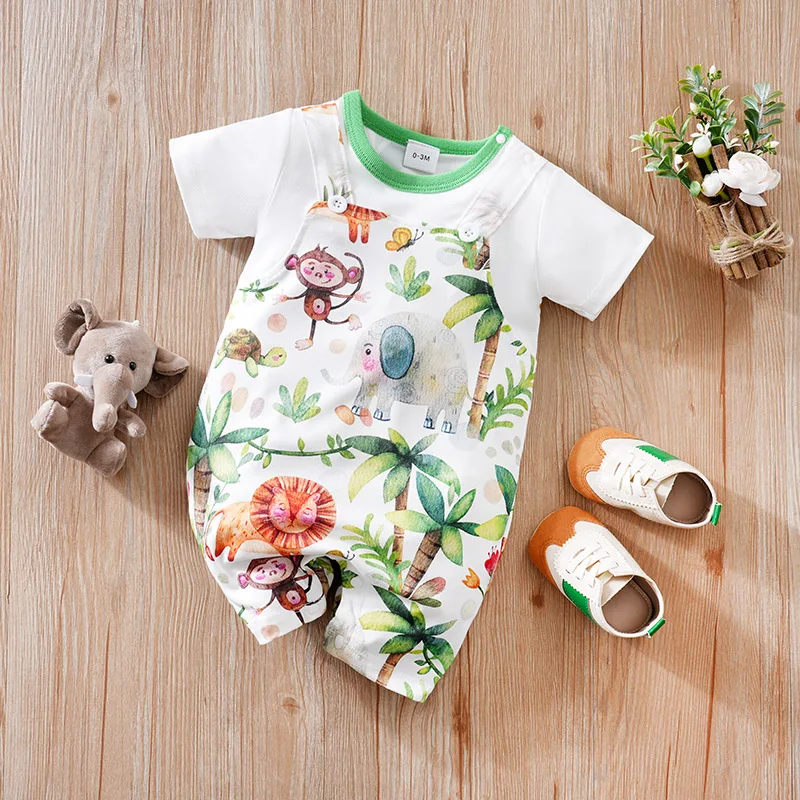 Newborn Clothing Cute Cartoon Animal Full Print Comfortable And Soft Boys And Girls 0-18 Summer Short Sleeved Baby Jumpsuit