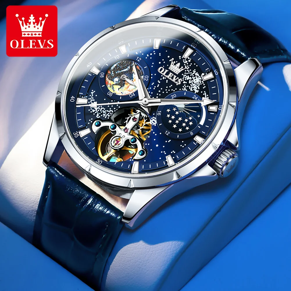 

OLEVS Automatic Watch for Men Starry Rotating Luminous Leather strap Top Brand Wristwatch Mechanical Men's Watch Reloj Hombre