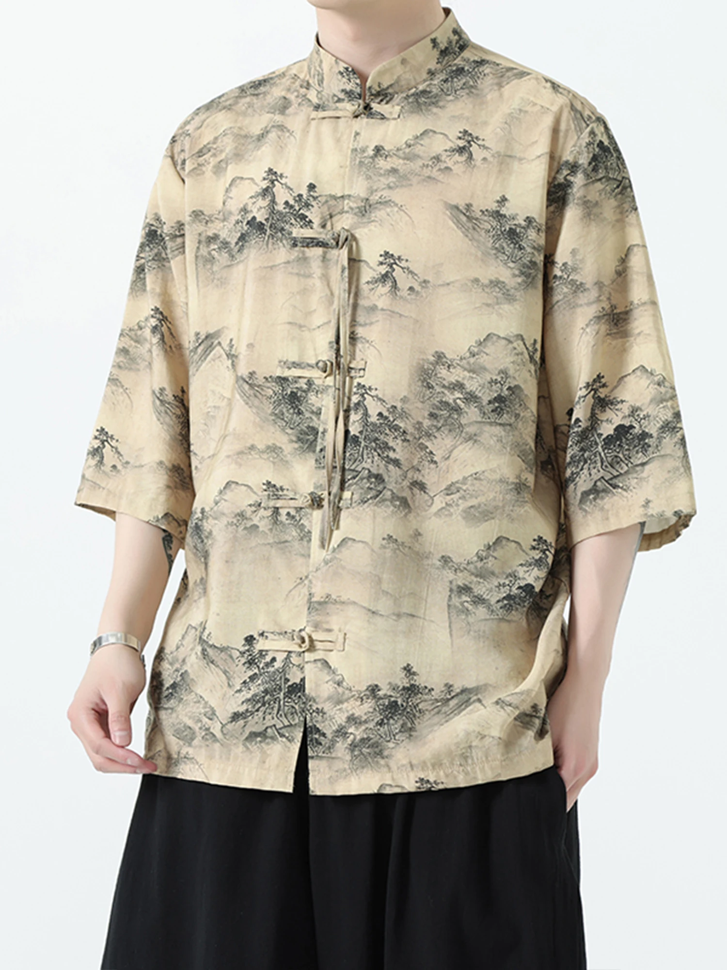 

New Chinese Sle Men's irt ort Sve Button up Stand Collar Summer Faion Retro Embroidery Stand Fit Youth ular