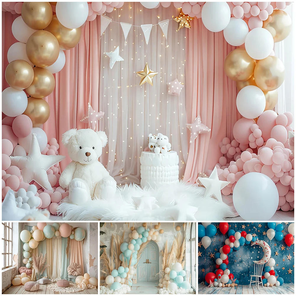 Mocsicka Birthday Background Photography Home Balloon Door Bear Photo Decoration Kid Newborn Backdrop Shooting Party Prop Studio