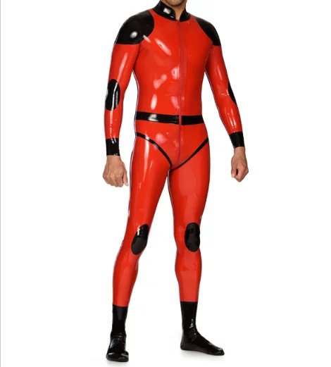 

100% Latex Gummi Rubber Black and red color matching Jumpsuit party role-playing fashion racing uniform Size S-XXL 0.4mm