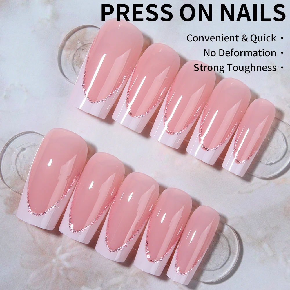 24-teiliges weißes, quadratisches französisches Nagelspitzen-Set zum Aufdrücken von Nägeln, mittelgroß, glitzernd, perfekt passendes Design, Acryl-Kunstnägel-Set, enthalten 1 Quelle