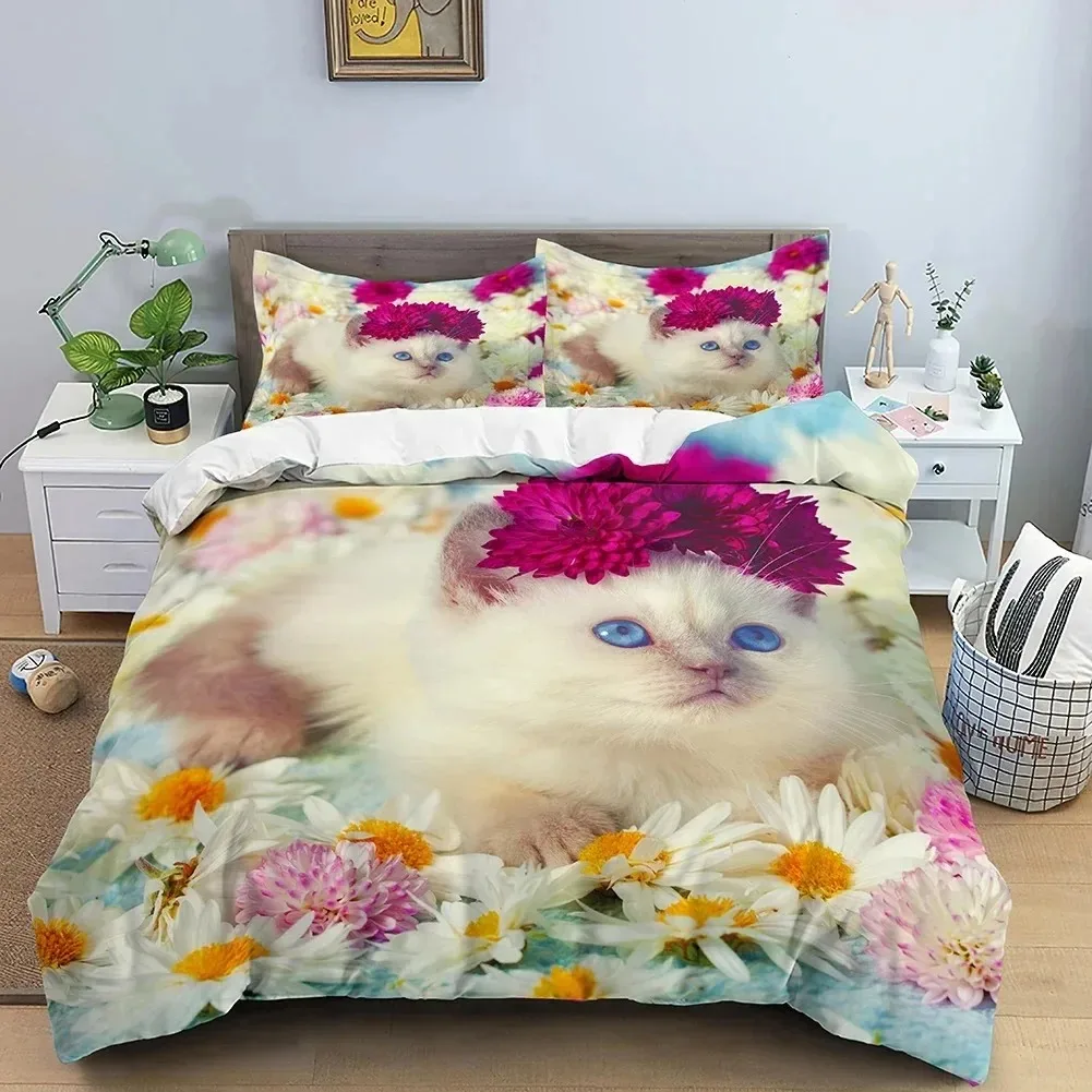 Animals Cute Cat Bedding Set Boys Girls Twin Queen Size Duvet Cover Pillowcase Bed Kids Fashion Home Textileextile