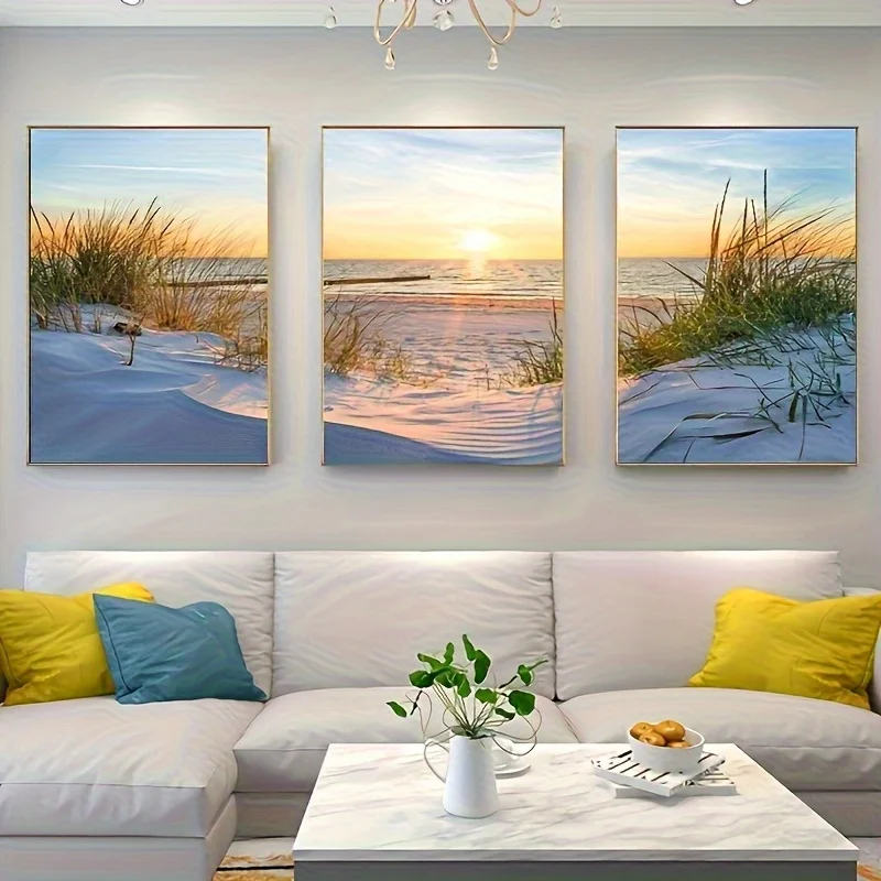 （No Frame 3PCS）-2D Flat, 2D/FLAT, 3pcs Set, Beach Sunset Landscape with Grass Dunes, Large Size Canvas Poster for Wall Decora