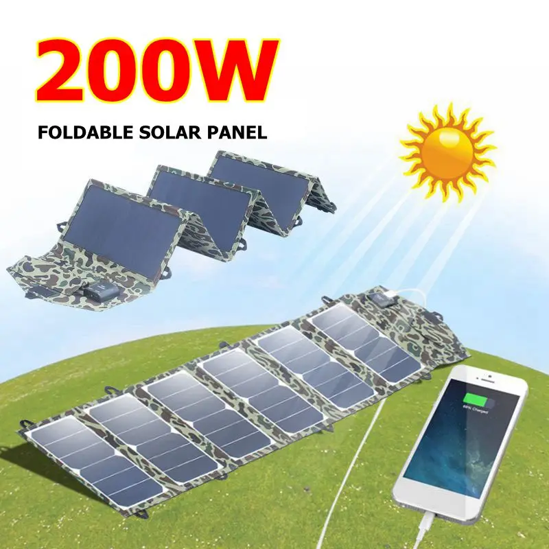 Foldable 200W Dual USB 5V/18V Solar Panel Outdoor Folding Waterproof Solar Cell Mobile Phone Battery Charger for Outdoor Camping