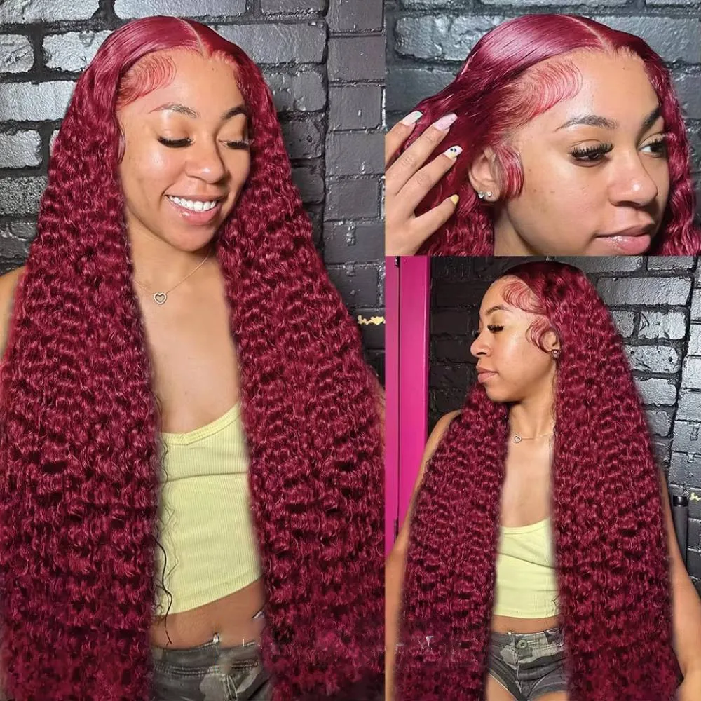 100%人毛ディープウェーブ99Jバーガンディ13x4レースフロントウィッグ13x6カーリー38インチHDレースフロントウィッグレッドウォーター縮れ毛ブラジリアン
