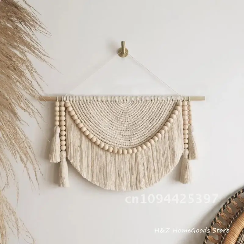 Macrame Wall Hanging Tapestry with Wood Beads and Tassels Handmade Woven Home Office Nursery Decor Bedroom Livingroom Decration