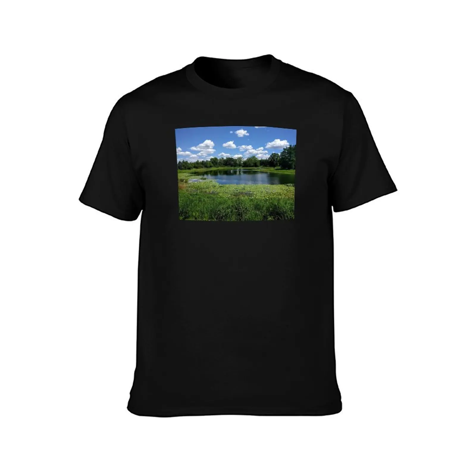 Idyllic Landscape: Sky Clouds Water Origami Boats Lilly Pads And Tall Grass T-Shirt Summer Casual Cotton Tee 100% Cotton