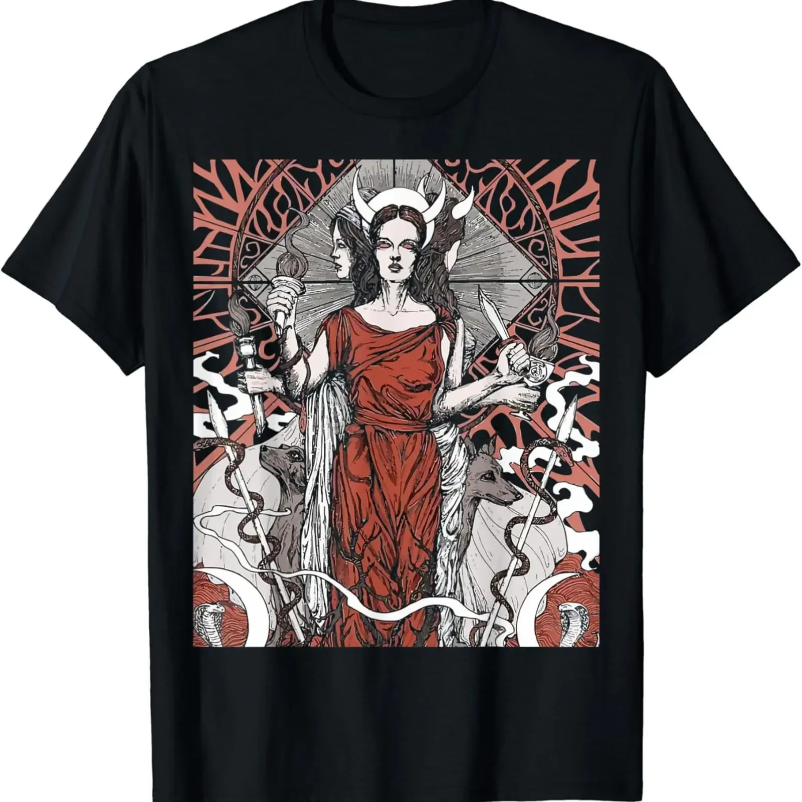 The Goddess Hecate Tarot Card Triple Wiccan Pagan Moon Witch T Shirt vintage Washed Soft Slightly graphic Top For Everyday Wear