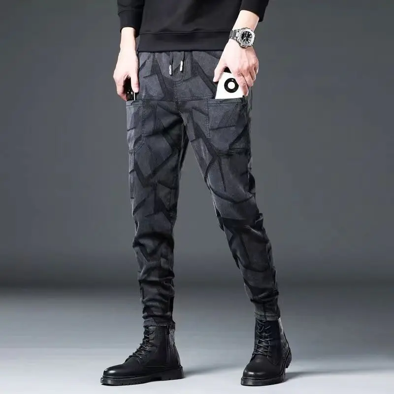 Summer Six-pocket Jeans Men's Jacquard Dark Pattern Large Size Loose Drawstring Leggings Casual Pants Korean New Products