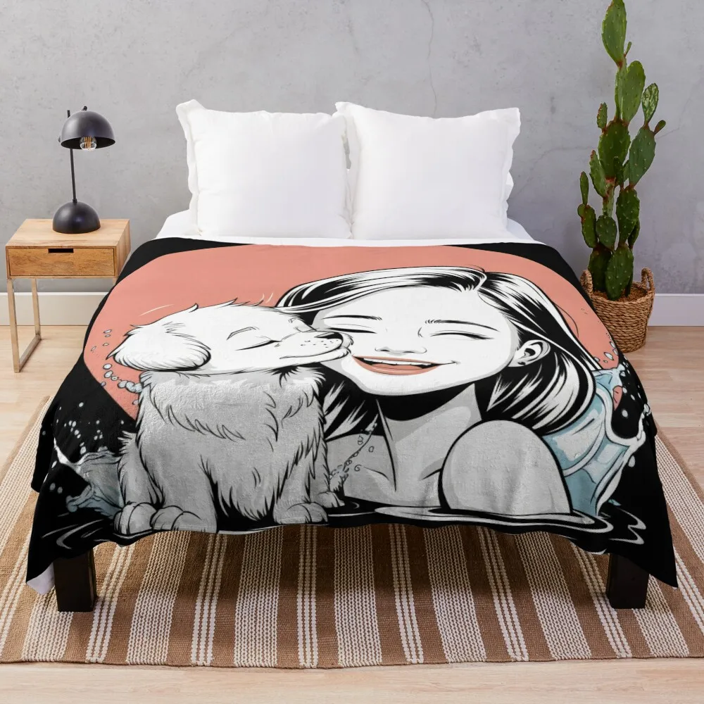 Girl and Puppy Sharing a Joyful Moment in the Water Throw Blanket anime for sofa Blankets Sofas Of Decoration Soft Beds Blankets