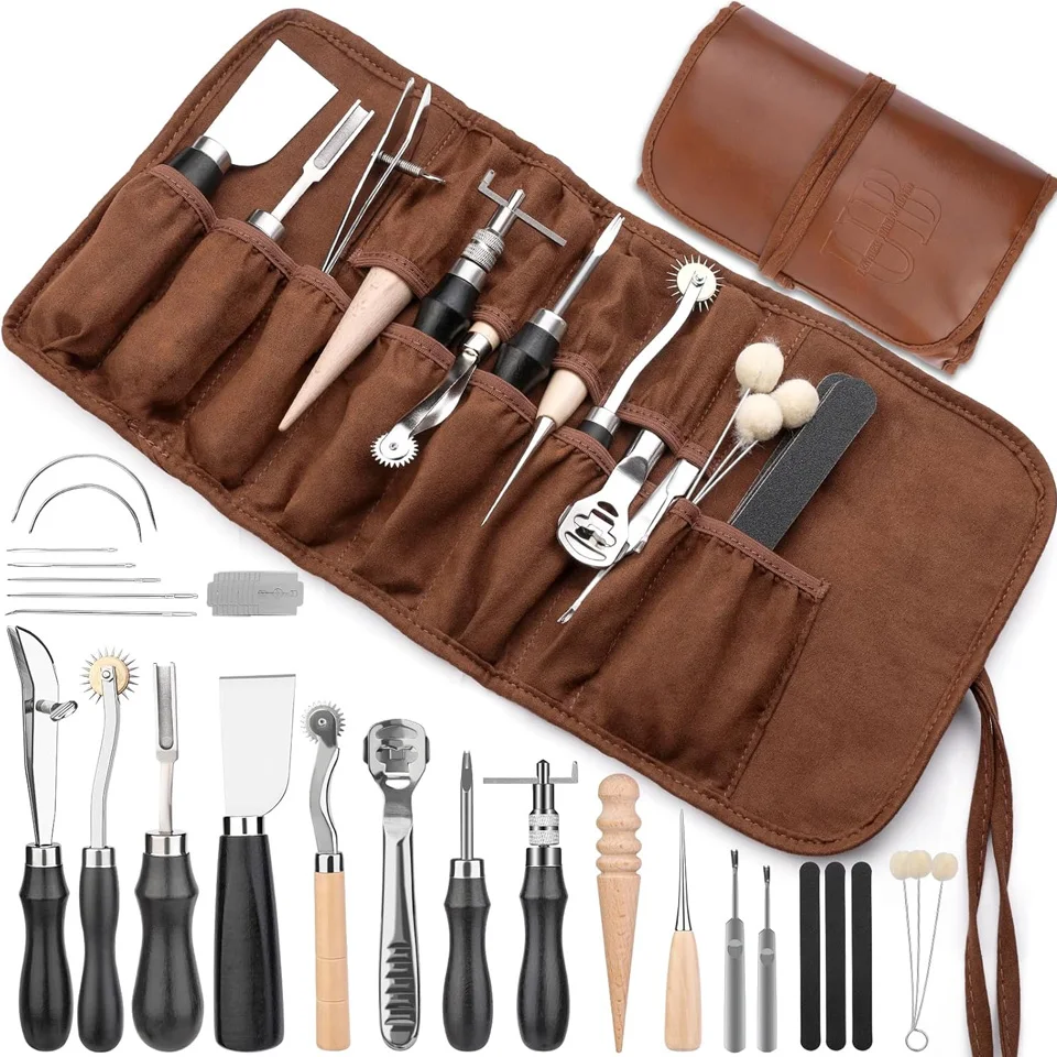 

Leather Craft Tools Kit with Awl Stitching Punch Hole Sewing Needles for Leathercraft Beginner Carving Stamping Repair Projects