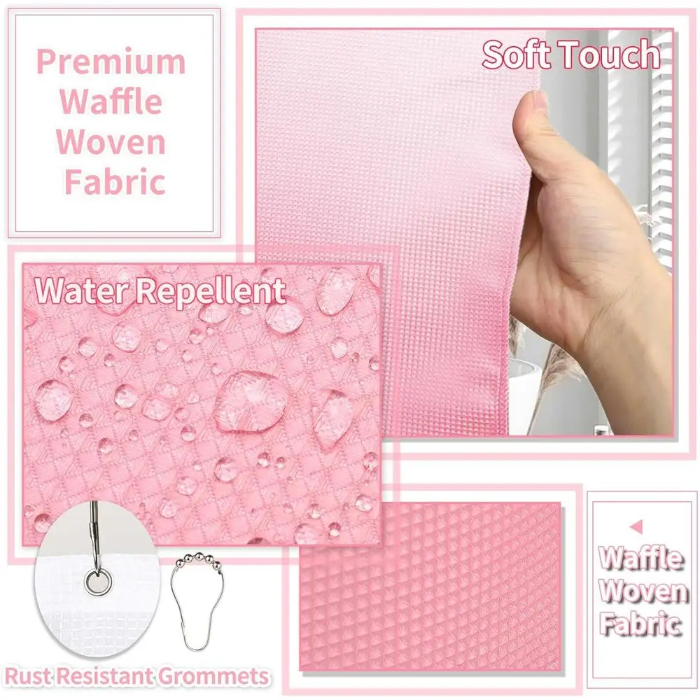 مجموعة ملحقات الحمام الوردية الكاملة: ستارة الدش، السجاد، سلة المهملات، فرشاة المرحاض، حامل فرشاة الأسنان والكوب، موزع الصابون، ذلك