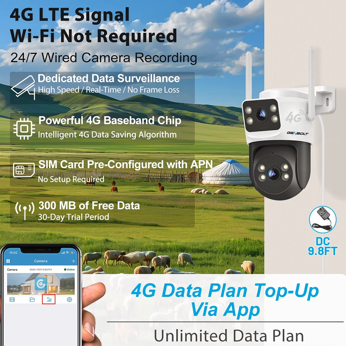 2K 4G Security Camera Outdoor, Lens Auto Tracking Humanoid Detection, 24/7 Recording Sim Card CCTV for Home/Villa,No WiF GENBOLT