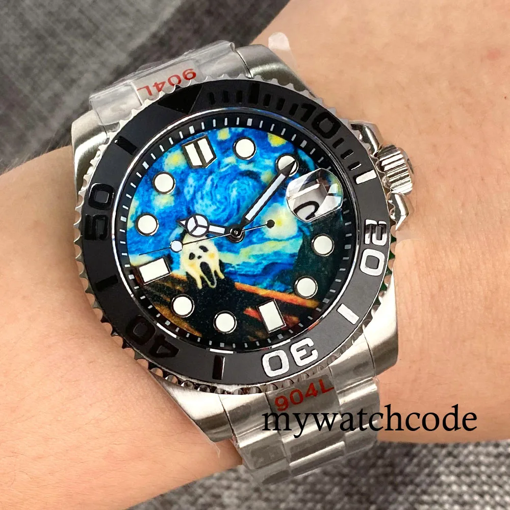 40mm NH35A Luminous Scream Dial Auto data szafirowe szkło automatyczny zegarek męski obrotowy Bezel bransoletka Screwdown Crown