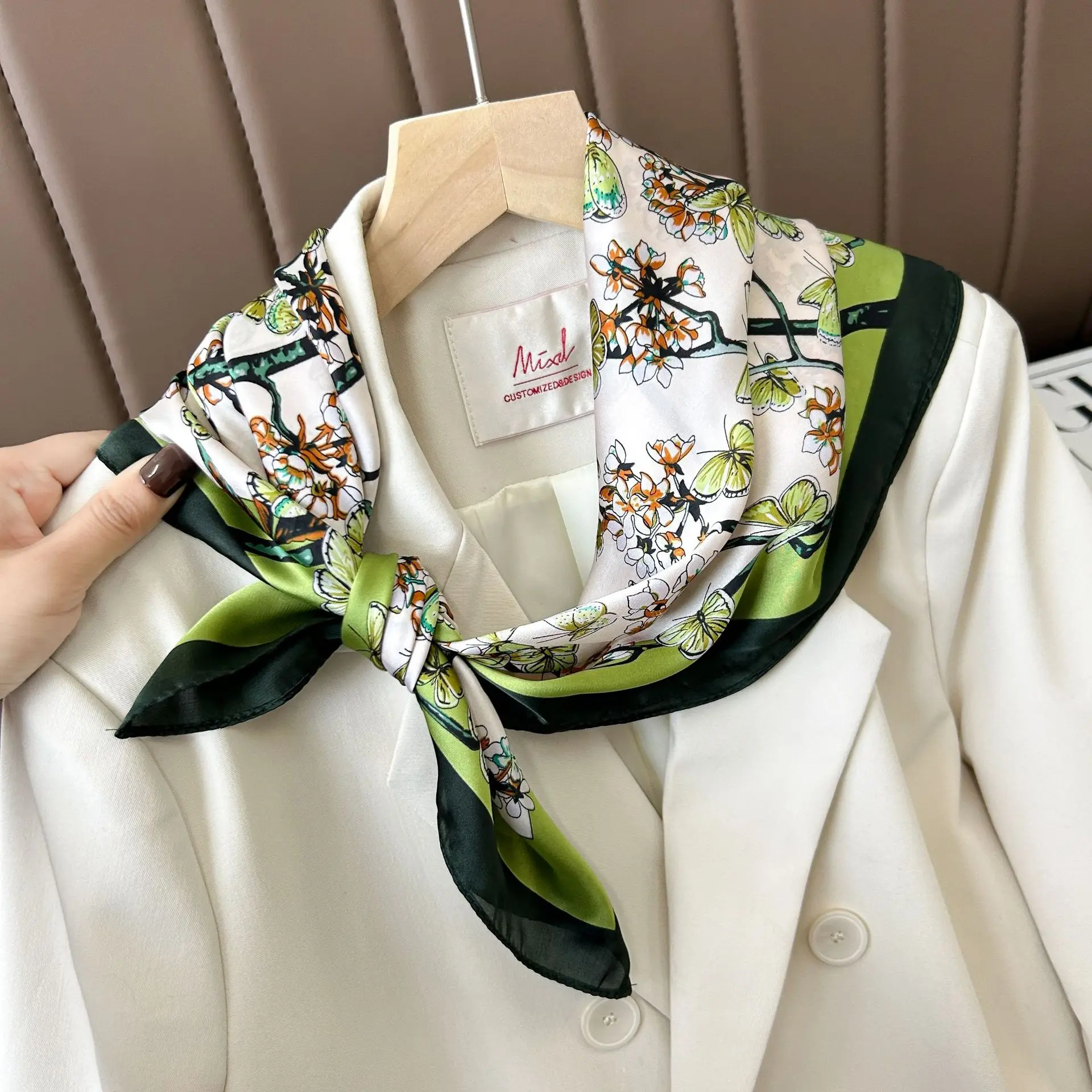 Luxury Brand Flower Print Square Hijab Scarf Imitation Silk Green Small Neck Scarf Stylish Casual Headscarf Hair Band