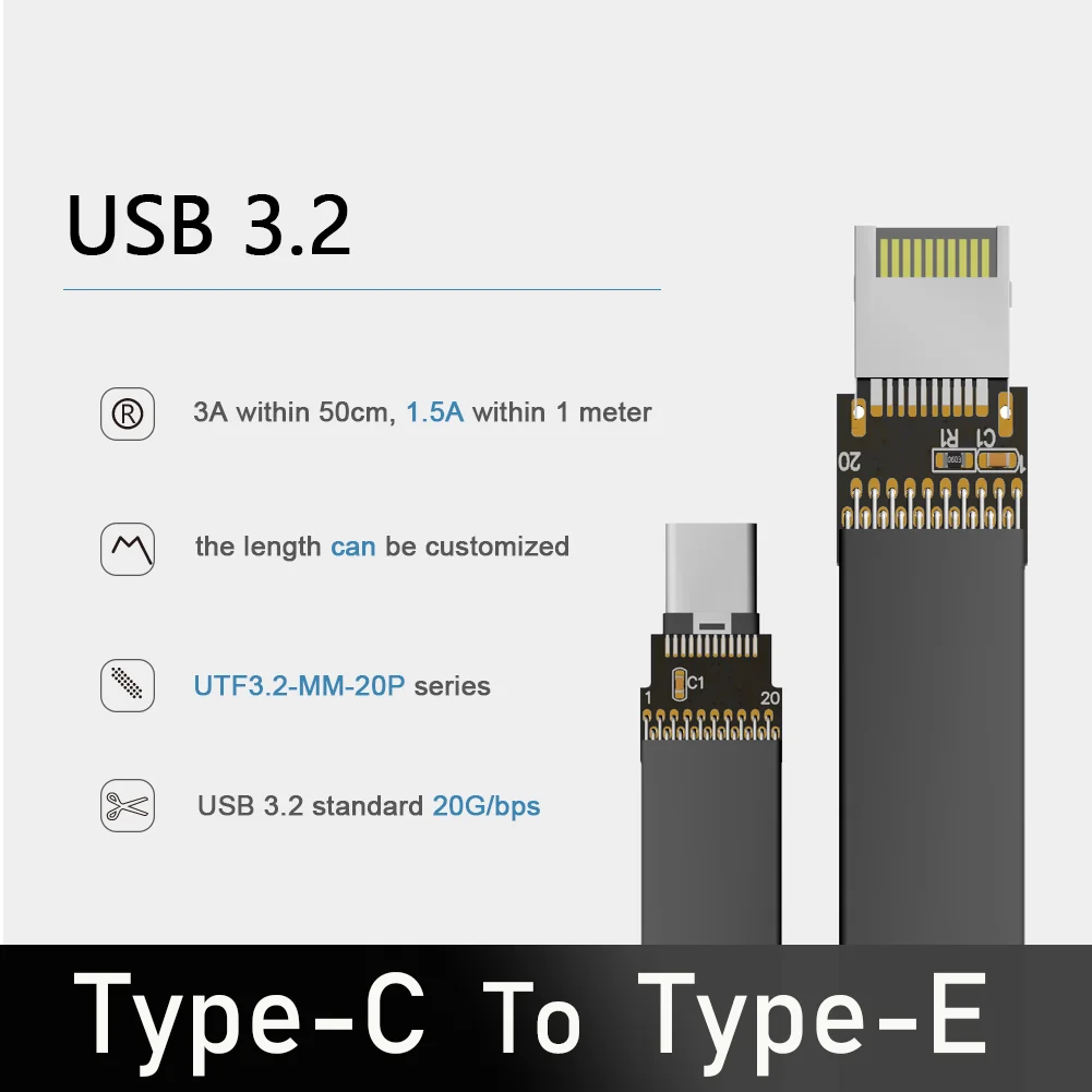

20Gbps USB 3.2 Type C To Type E Male To Male Female Fold 90 Degree Flat Extension Cable Adapeter for ITX/ATX Motherboard A4 Case