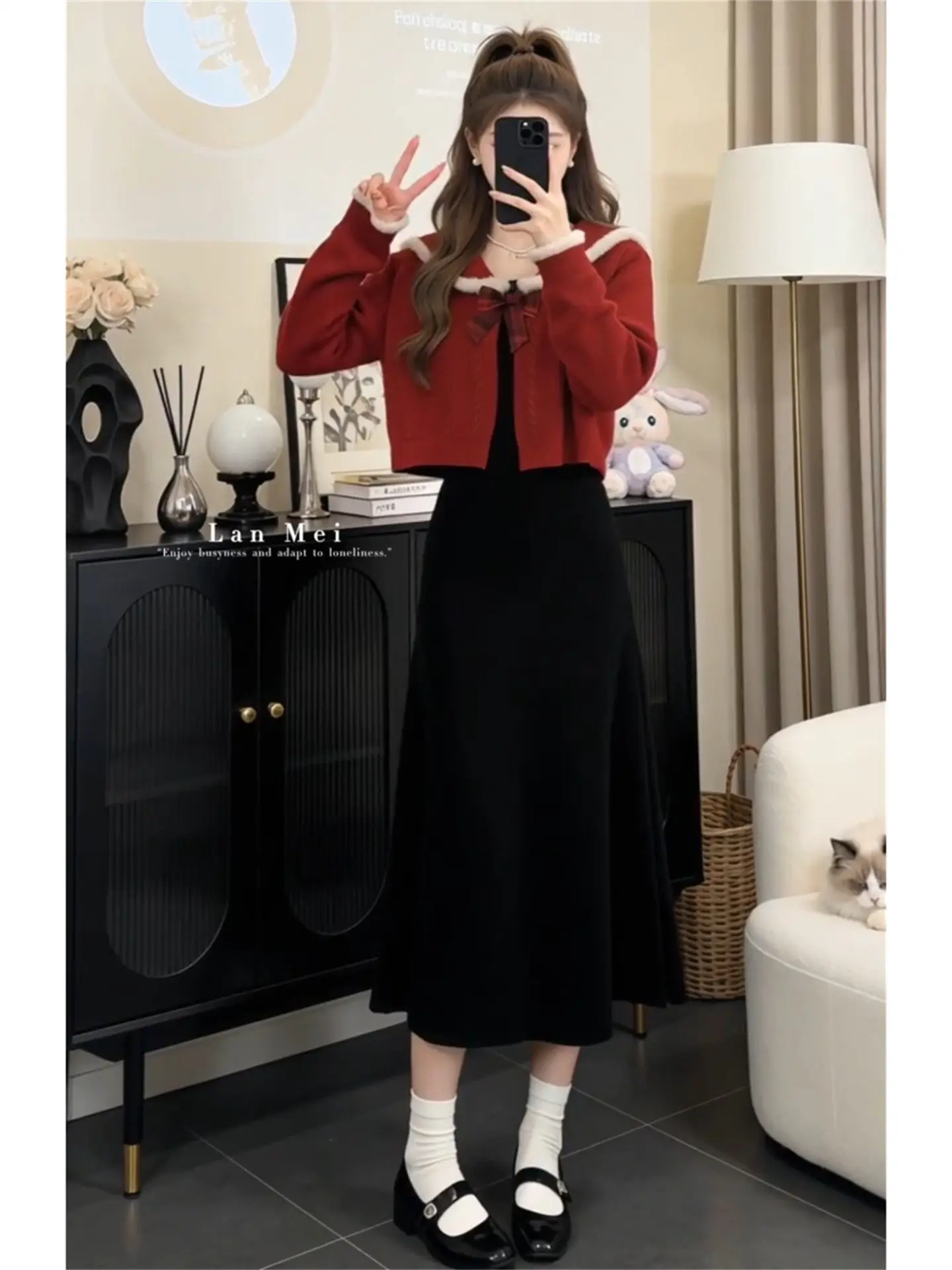 

Korean Sle Casual Red Knitted Dr Set Women's Spring New Year Warrobe High-End Feeling Clete Set Faionable Women's Wear
