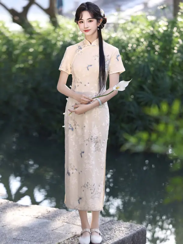 

Ele Embroidered Long New Chinese Sle Reformed Qipao Women's Vintage Fitted Waist Cinching Summer Workwear