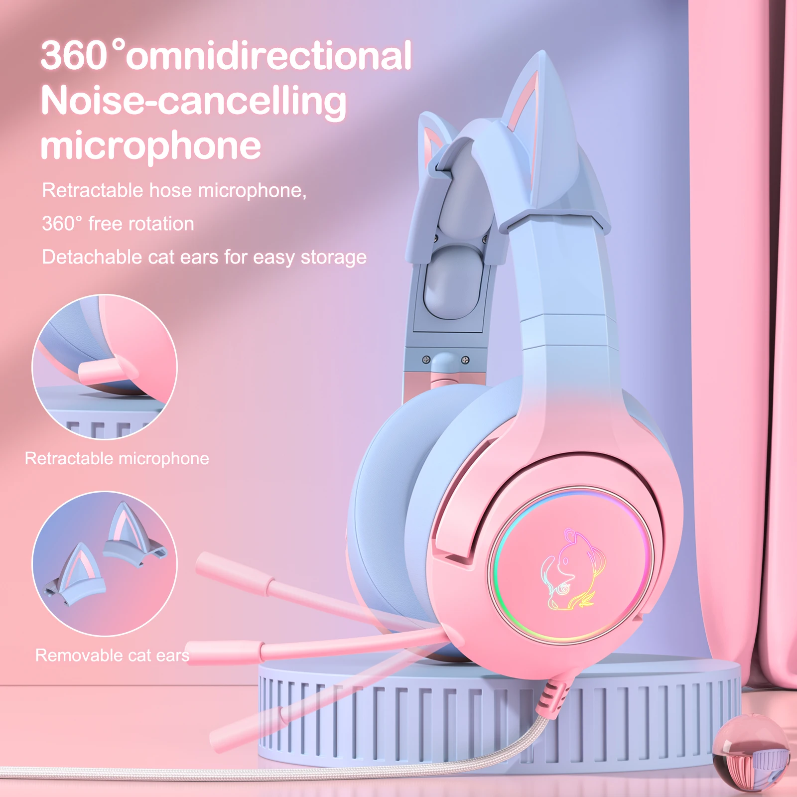 ONIKUMA K9 двухцветные Игровые наушники с RGB светодиодный светильник кой, выдвижной микрофон, геймерская гарнитура, компьютерные наушники для компьютерных игр