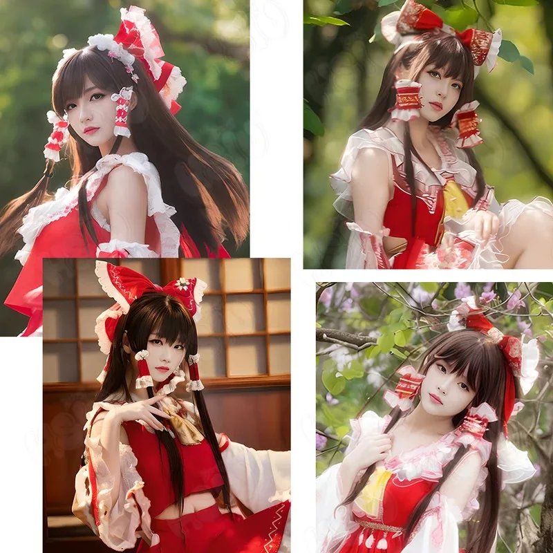 CyHakurei Reimu شعر مستعار تأثيري الألياف شعر مستعار اصطناعي 「HSIU」 60 سنتيمتر بني داكن طويل شعر مستعار + غطاء شعر مستعار أنيمي Touhou مشروع Hakurei Reimu شعر مستعار