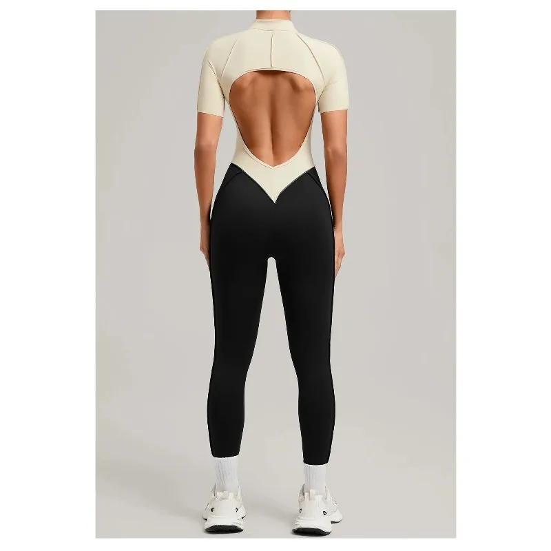Yoga Bodysuit Short Sleeves Women's Tracksuits Gym Zipper Jumpsuits Sports Workout High-intensity Fitness