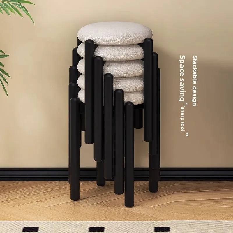 Nordic Wooden Dining Stool Black Stackable Low Stools Soft Cushion Round Stools for Home Minimalist Living Room Accent Seat
