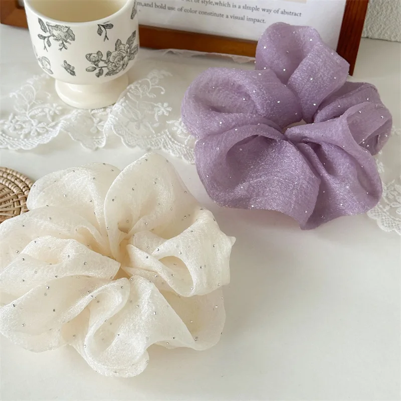Fashion Rhinestone Mesh Hairband Chiffon Scrunchies Women Korean Silk Elastic Hair Tie Ponytail Holder Headwear Hair Accessories