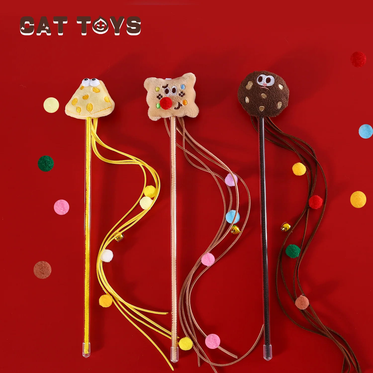 Cat Cartoon Cookies Teasing Cat Stick Plush Cheese Tassel Ball Voice Interactive Training Toy Pole Cats Toys Interactive