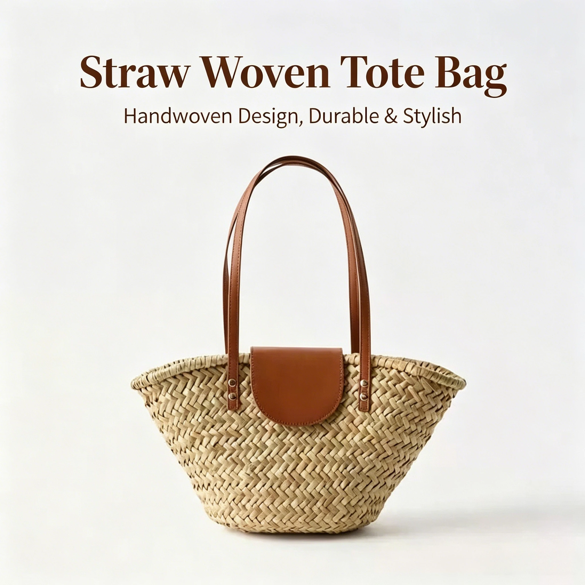 Handmade Natural Straw Woven Tote Bag for Women, Eco-Friendly Beach Bag with Leather Handle Perfect for Summer Vacation & Picnic