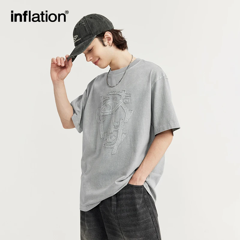 INFLATION Streetwear Acid Washed Patch Embroidery Tees Unisex Cotton Oversize Tshirt