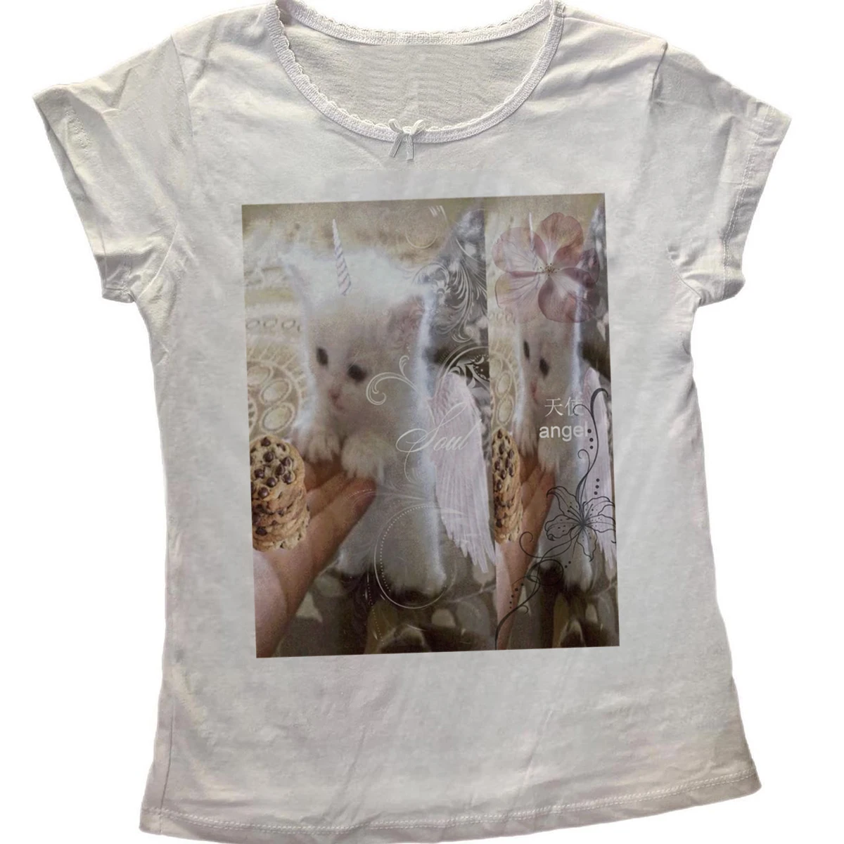Angel White Kitten Unicorn Cookie T Shirt Women Coquette Aesthetic Floral Print Short Sleeve T-shirt Summer Ladies Graphic Tee T
