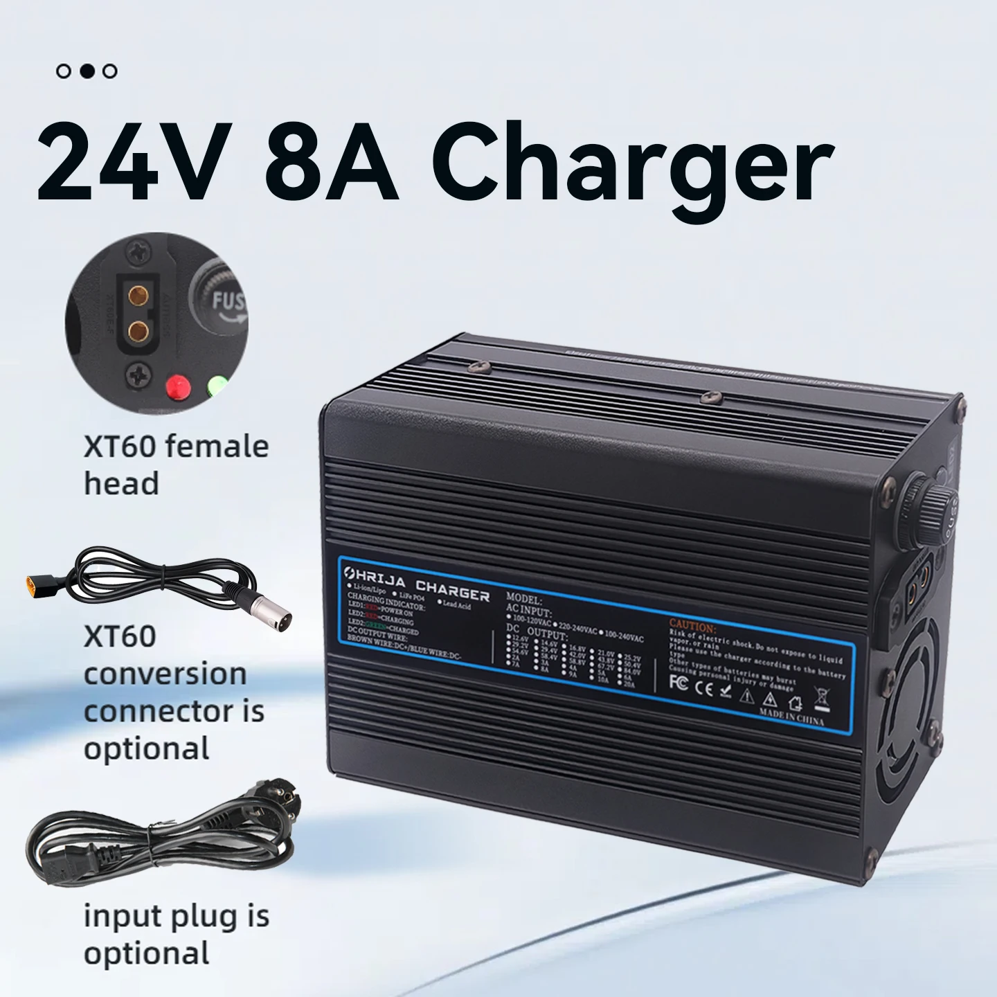 24V 8A aluminum shell fast charger Specially designed for 2strings Lead Acid batteries with fan cooling and detachable connector