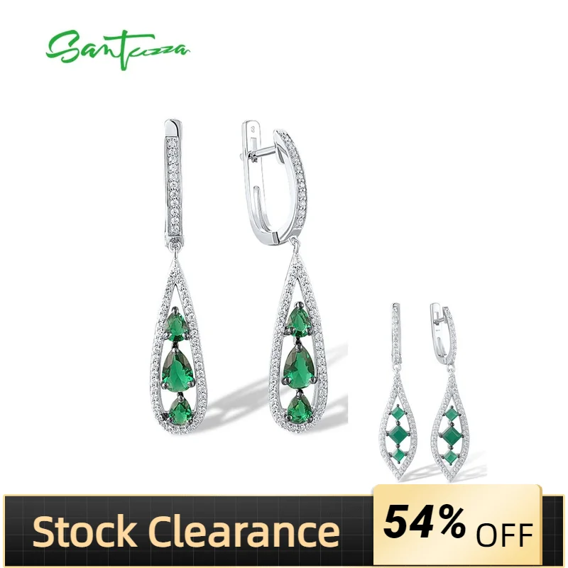 SANTUZZA Real 925 Sterling Silver Drop Earrings For Women Sparkling White CZ Green Stone Dalicate Wedding Party Fine Jewelry