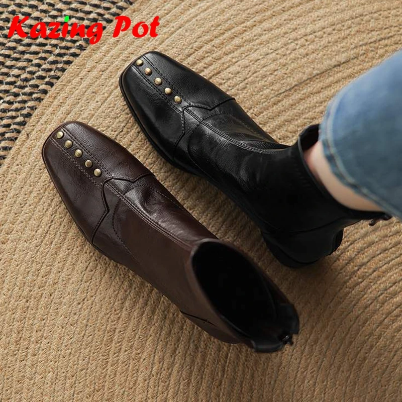 Krazing Pot Microfiber Square Toe Med Heels Zipper Chelsea Boots Pleated Design Keep Warm Winter Shoes Metal Rivets Ankle Boots