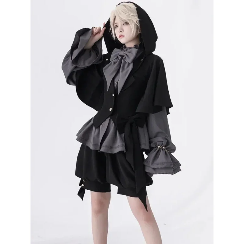 

Куртка Ouji Lolita/короткие брюки/блузка, винтажное темное милое крутое пальто Sa, комплект с капюшоном и заячьими ушками от Princess Chronicles