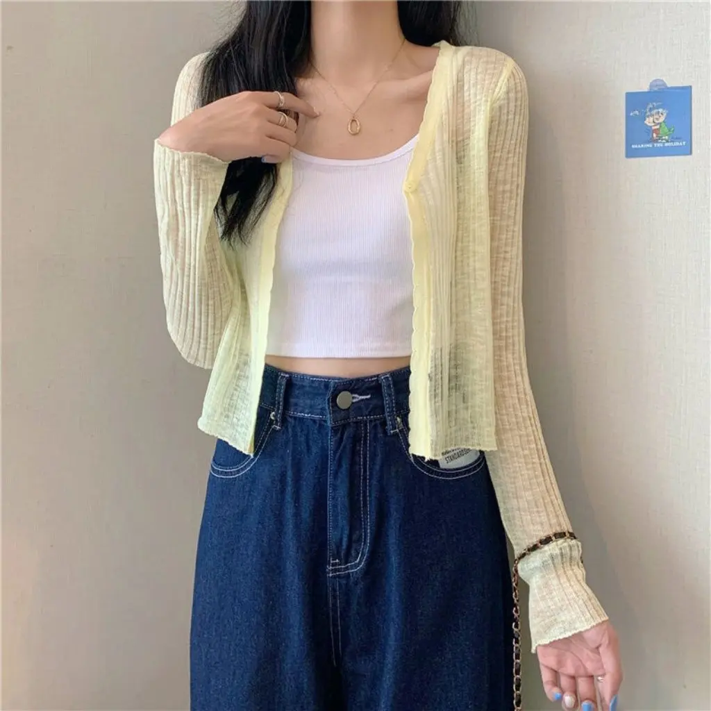 

Женский короткий солнцезащитный кардиган в западном стиле, летний модный вязаный топ для студентов, универсальная тонкая верхняя одежда