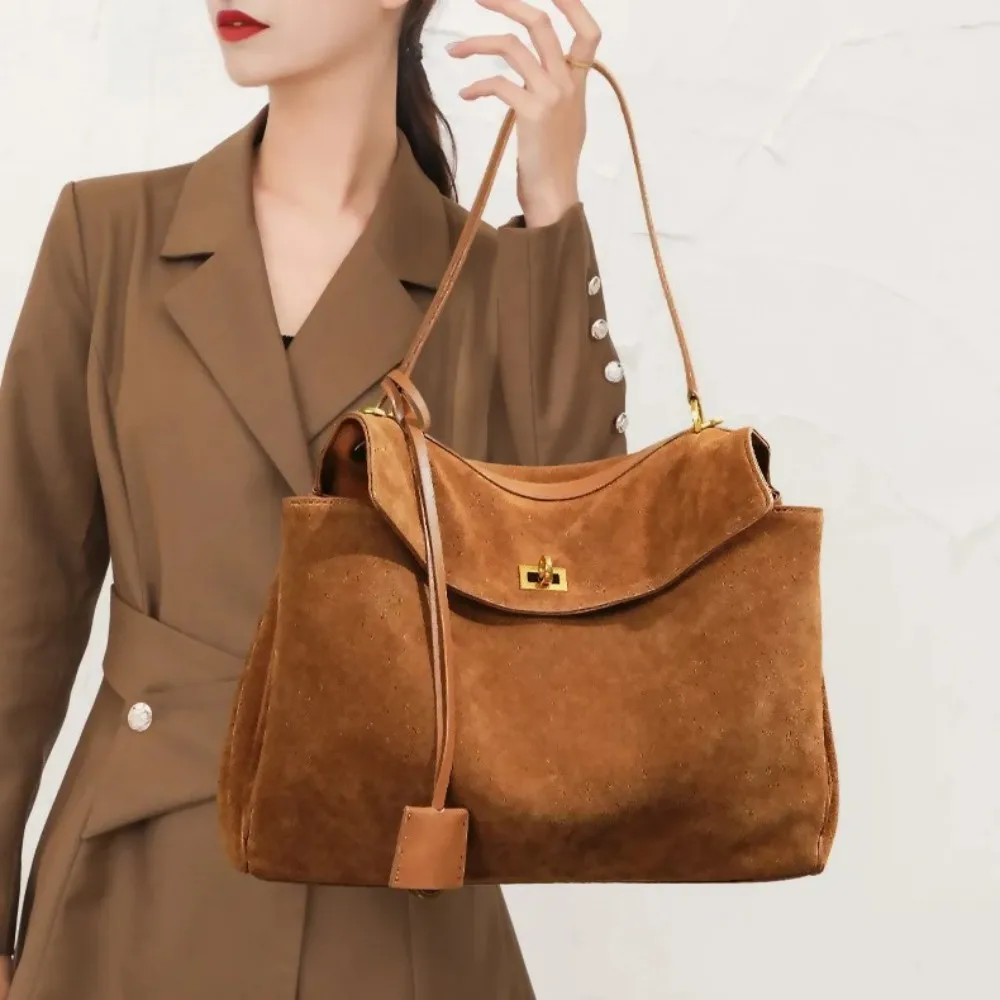 Genuine Leather Large Capacity Single Shoulder Handbag Underarm Bag Suede Nubuck Cowhide Tote Bag