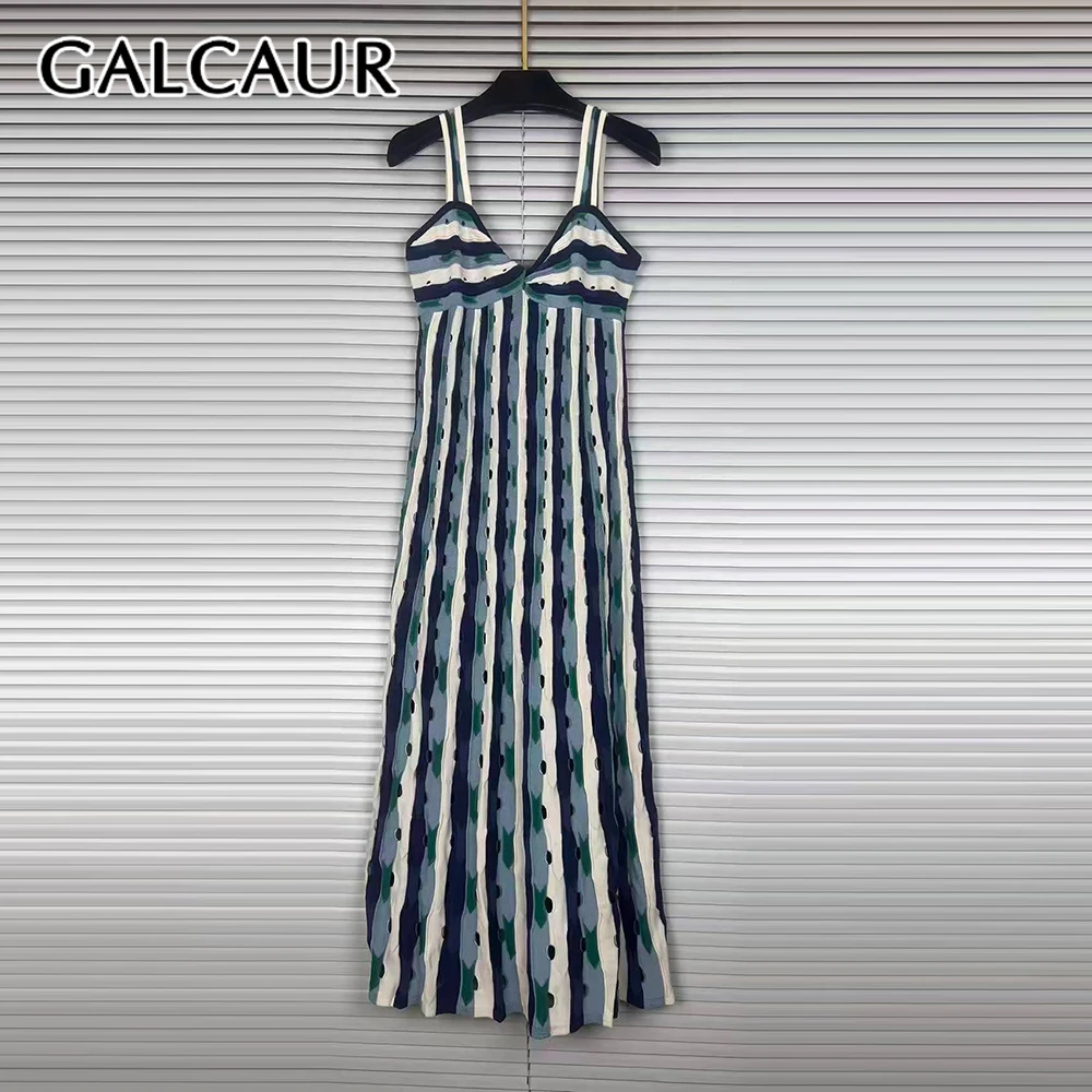 GALCAUR Colorblock Loose Spliced Stripe Dress for Women V Neck Sleeveless Patchwork Folds Minimalism Dresses Female Elegant New