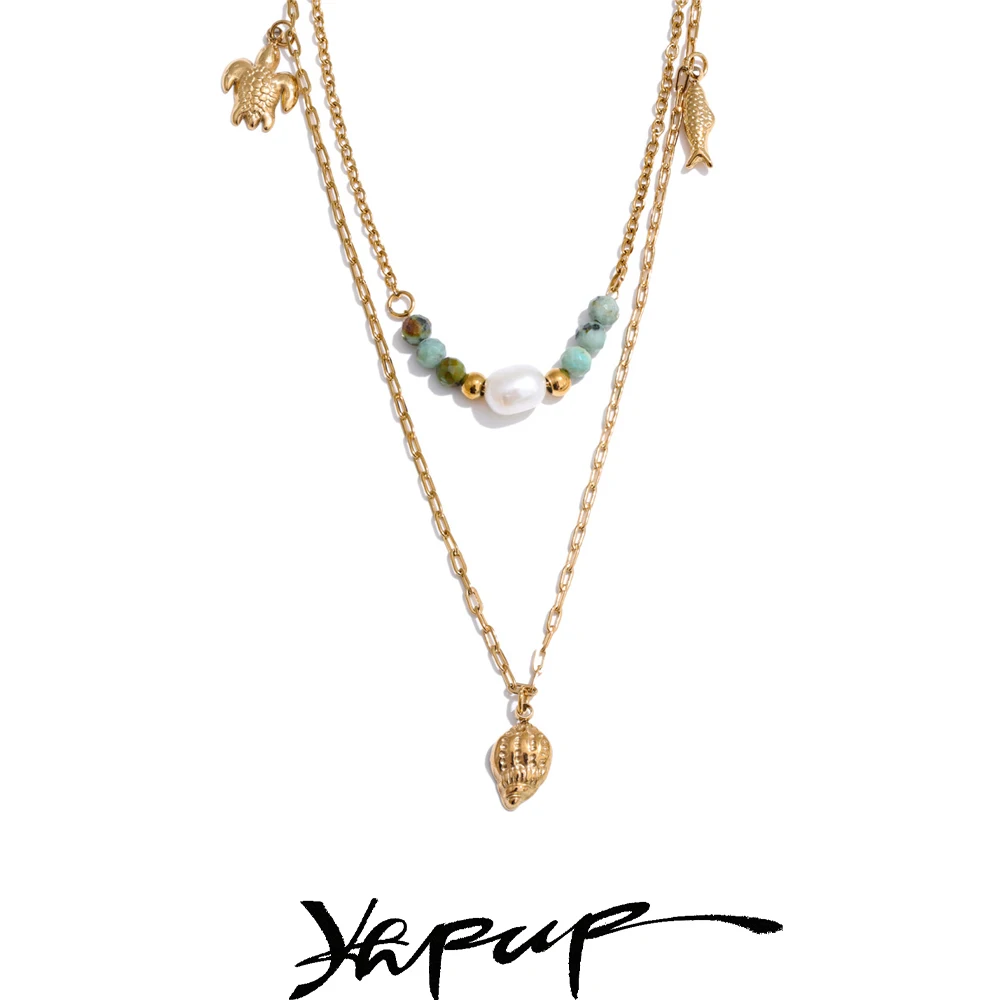 Yhpup الصيف نمط طبقة مزدوجة سلسلة محارة السلاحف الأسماك قطرة قلادة 316L الفولاذ المقاوم للصدأ الحجر الطبيعي اللؤلؤ سلسلة مجوهرات